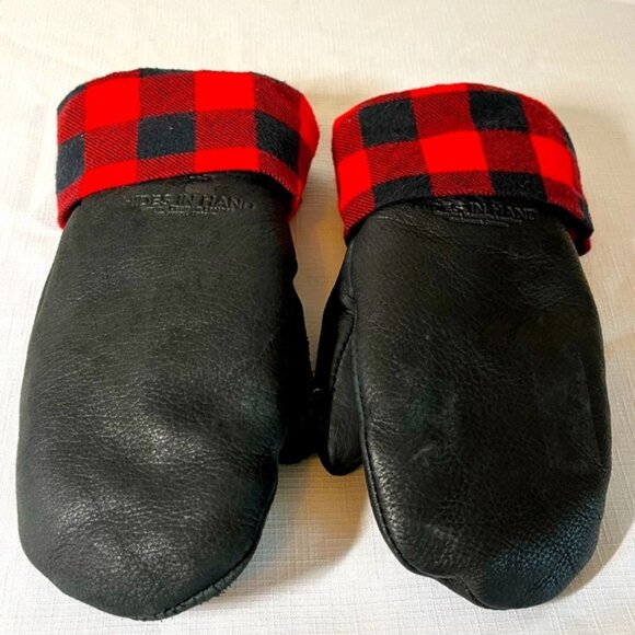 HIDES IN HAND Deerskin Black Leather Mittens with Red Plaid Cuff Small Medium - Picture 1 of 8